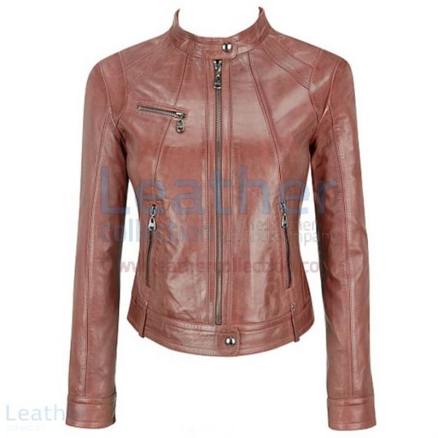 Pick Banded Collar Washed Leather Scuba Jacket in Brown for CA$288.20