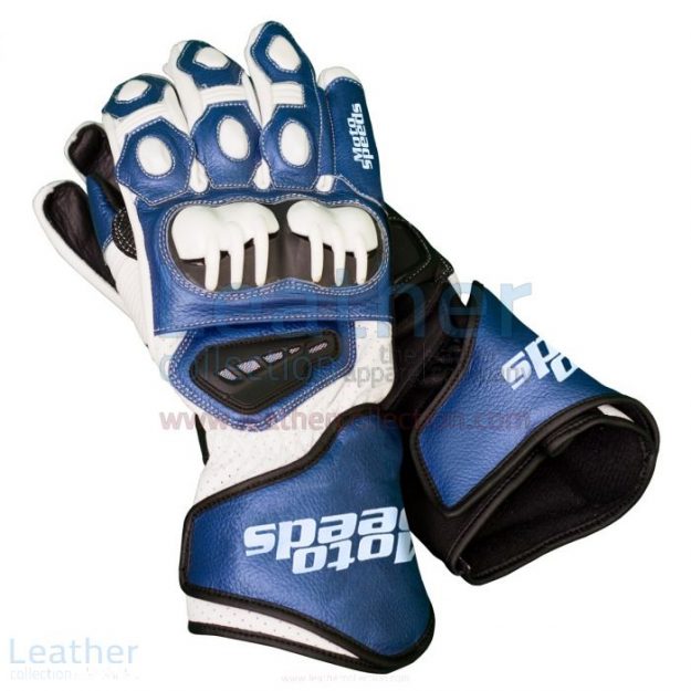 Pick Online Blue & White Leather Biker Gloves for $250.00