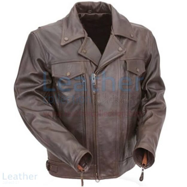 Buy Brown Mandarin Collar Biker Leather Jacket for CA$288.20 in Canada