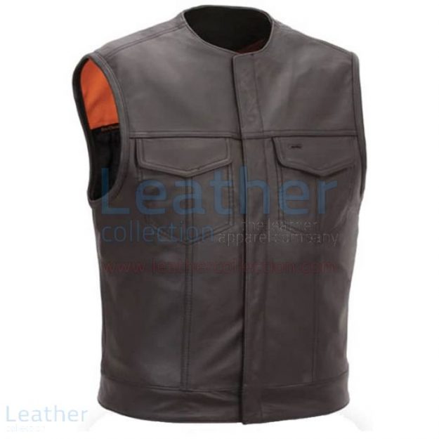 Shop Online Men Leather Vest with Concealed Snap Front Closure for SEK