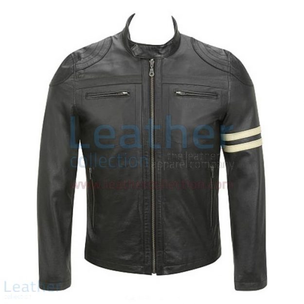 Customize Online Semi Moto Stripes Leather Jacket for CA$260.69 in Can