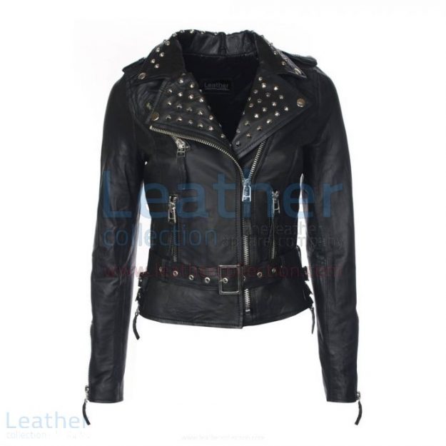 Grab Now Womens Studded Collar Biker Leather Jacket for $380.00